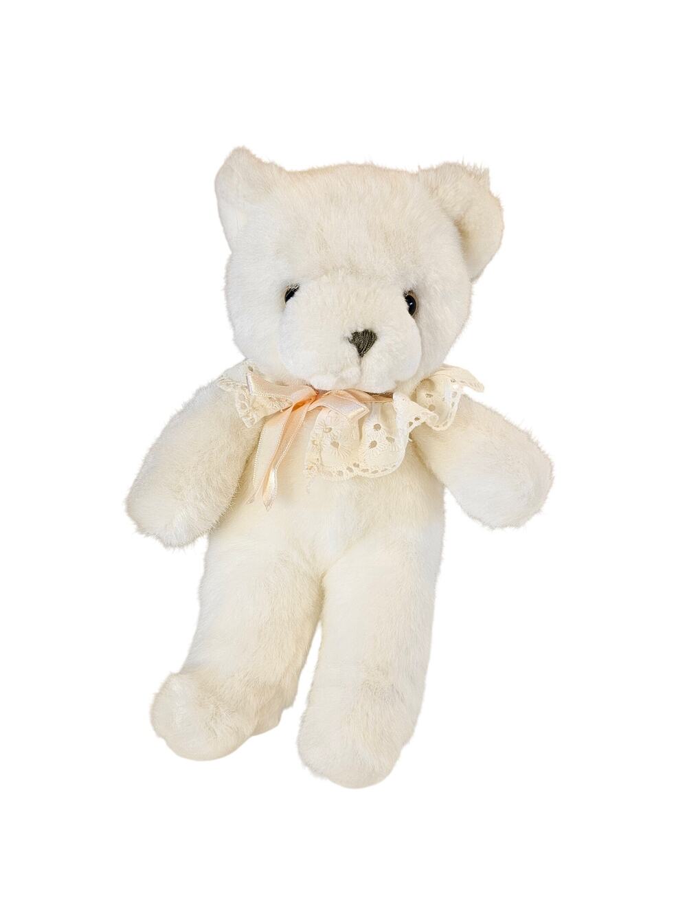 Vintage Avon White Teddy Bear Plush Lace Collar Pink Ribbon 10” Stuffed Animal